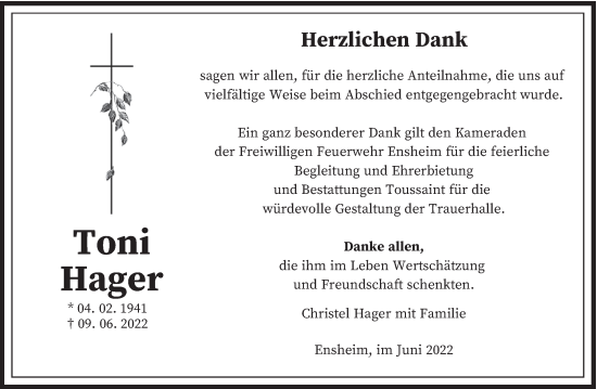 Traueranzeige von Toni Hager von saarbruecker_zeitung