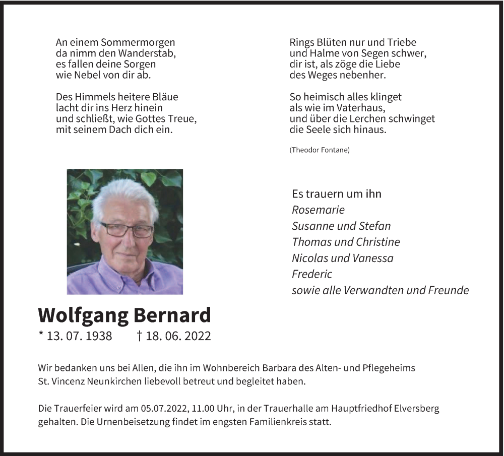 Traueranzeige für Wolfgang Bernard vom 25.06.2022 aus saarbruecker_zeitung