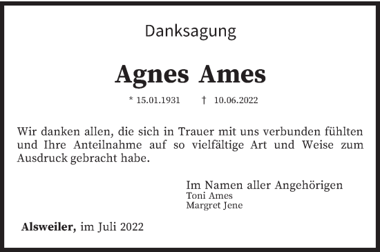 Traueranzeige von Agnes Ames von saarbruecker_zeitung