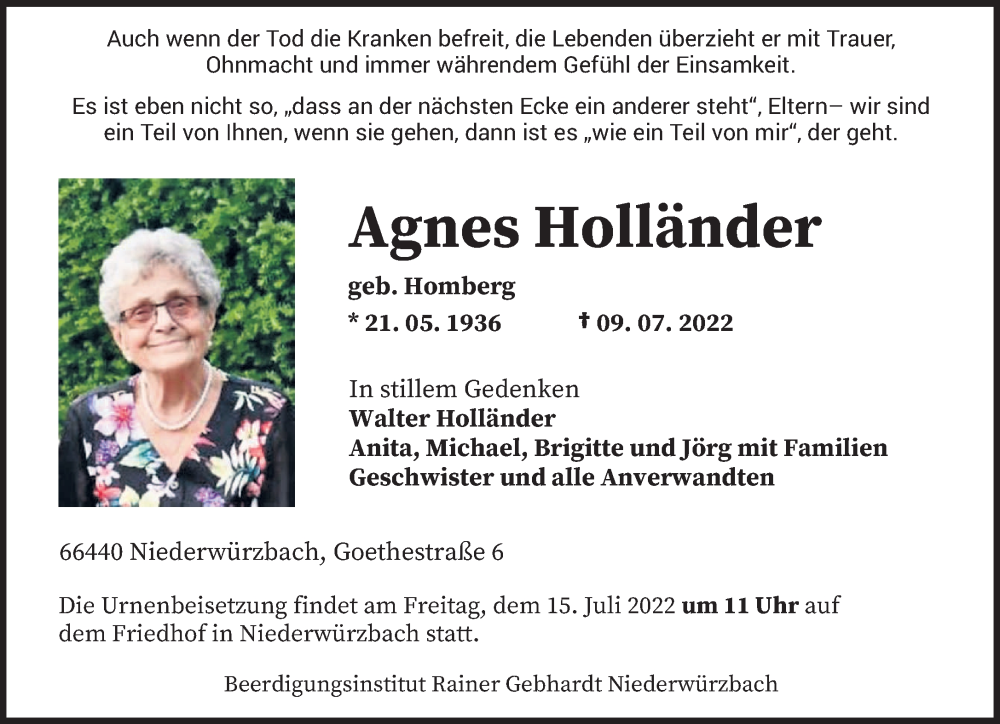  Traueranzeige für Agnes Holländer vom 13.07.2022 aus saarbruecker_zeitung