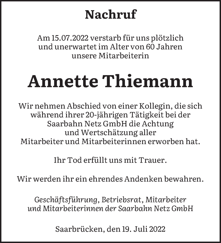  Traueranzeige für Annette Thiemann vom 23.07.2022 aus saarbruecker_zeitung