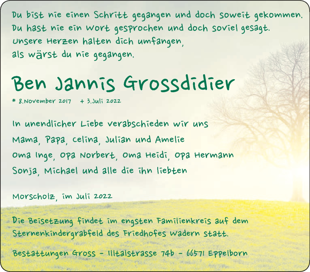  Traueranzeige für Ben Jannis Grossdidier vom 09.07.2022 aus saarbruecker_zeitung