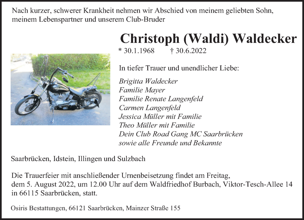  Traueranzeige für Christoph Waldecker vom 30.07.2022 aus saarbruecker_zeitung