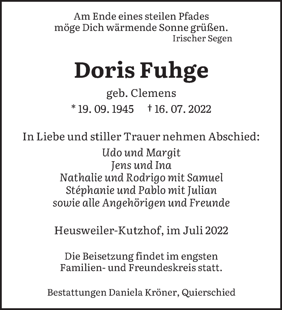  Traueranzeige für Doris Fuhge vom 30.07.2022 aus saarbruecker_zeitung