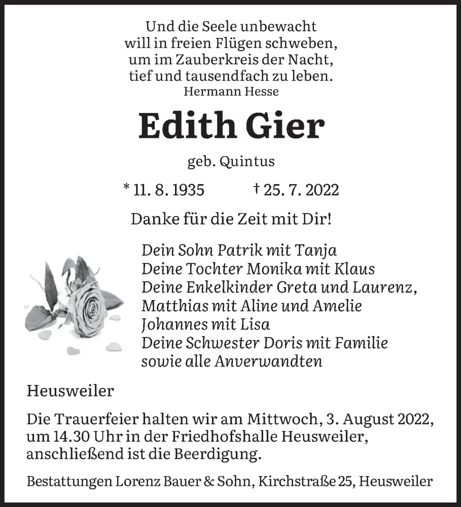  Traueranzeige für Edith Gier vom 30.07.2022 aus saarbruecker_zeitung