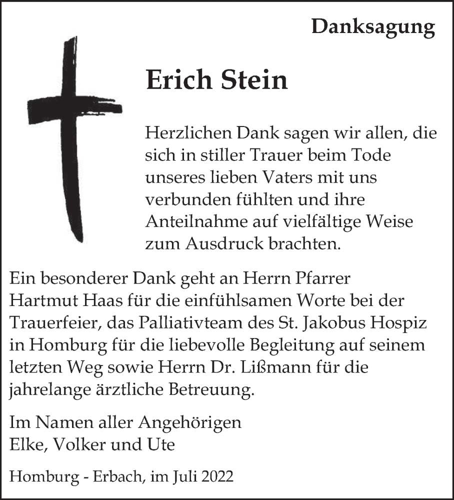 Traueranzeige für Erich Stein vom 09.07.2022 aus saarbruecker_zeitung