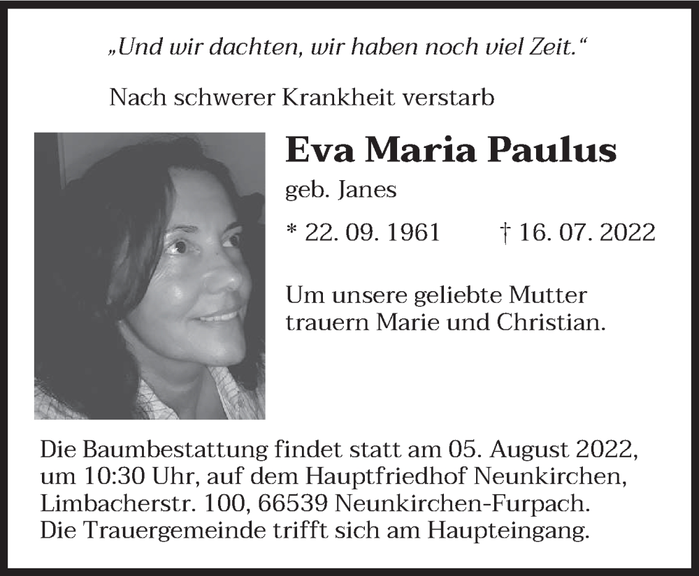  Traueranzeige für Eva Maria Paulus vom 30.07.2022 aus saarbruecker_zeitung