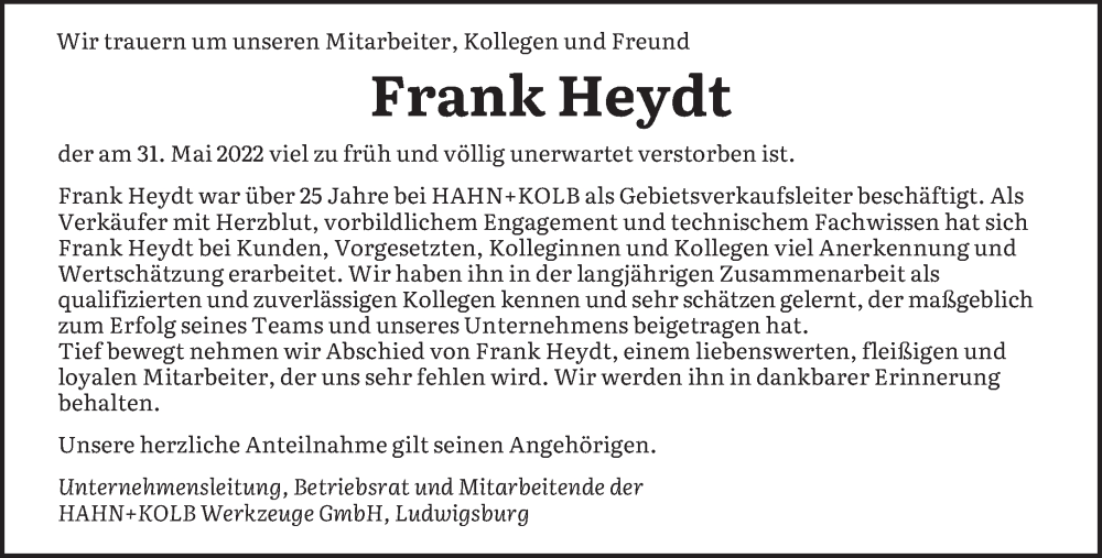  Traueranzeige für Frank Heydt vom 02.07.2022 aus saarbruecker_zeitung