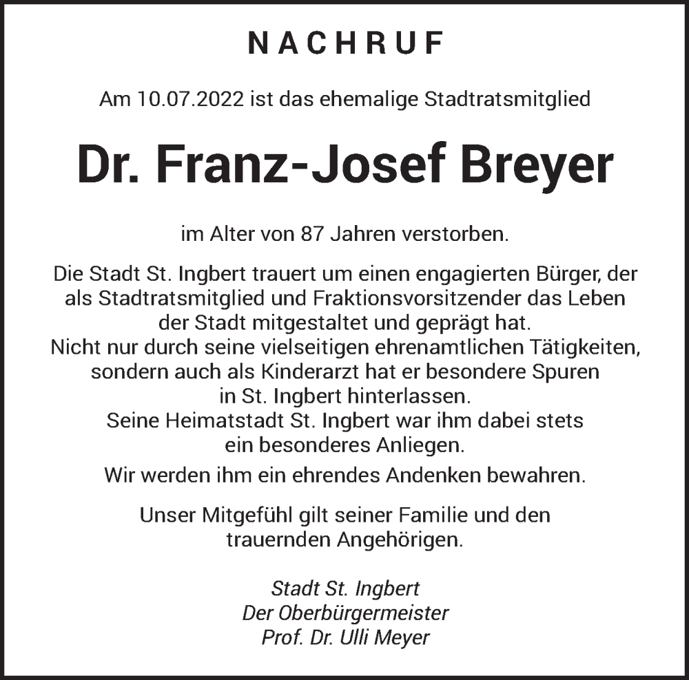  Traueranzeige für Franz-Josef Breyer vom 30.07.2022 aus saarbruecker_zeitung