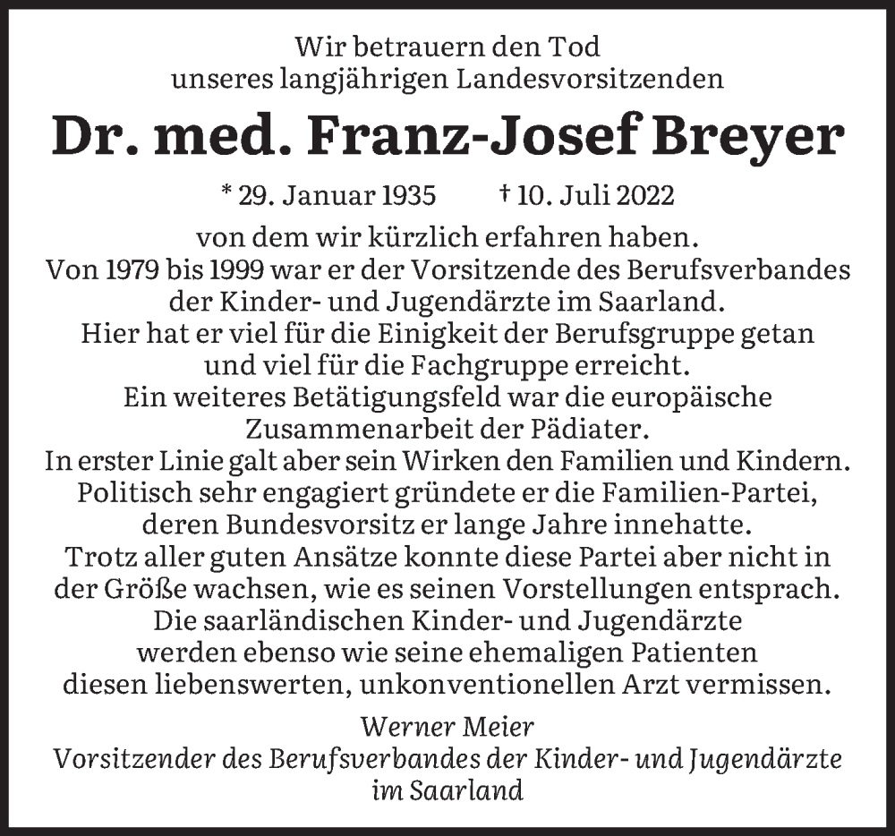  Traueranzeige für Franz-Josef Breyer vom 29.07.2022 aus saarbruecker_zeitung