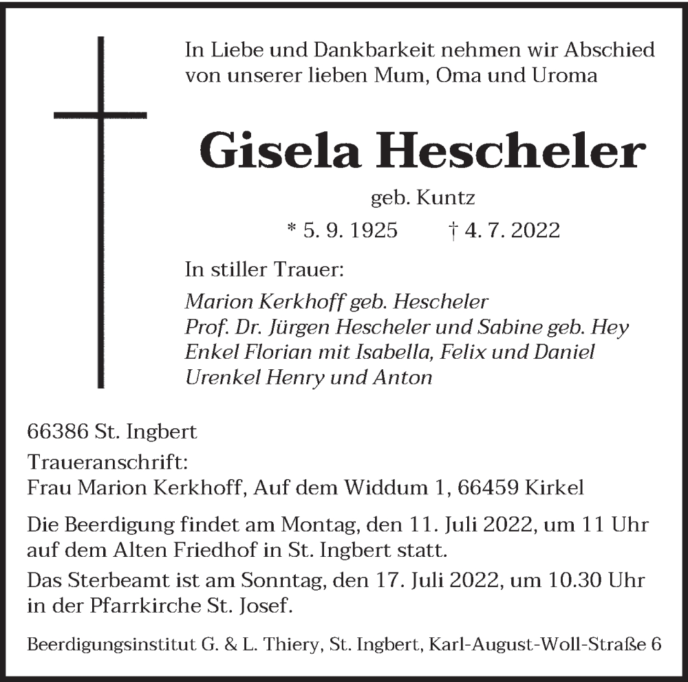  Traueranzeige für Gisela Hescheler vom 08.07.2022 aus saarbruecker_zeitung