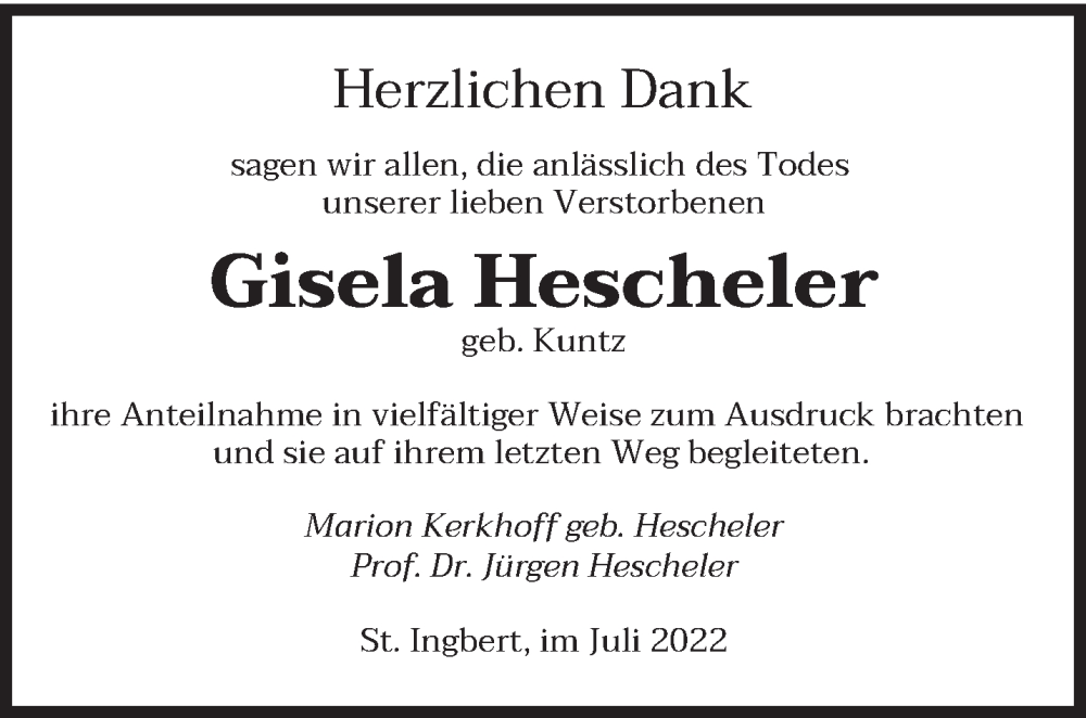  Traueranzeige für Gisela Hescheler vom 23.07.2022 aus saarbruecker_zeitung