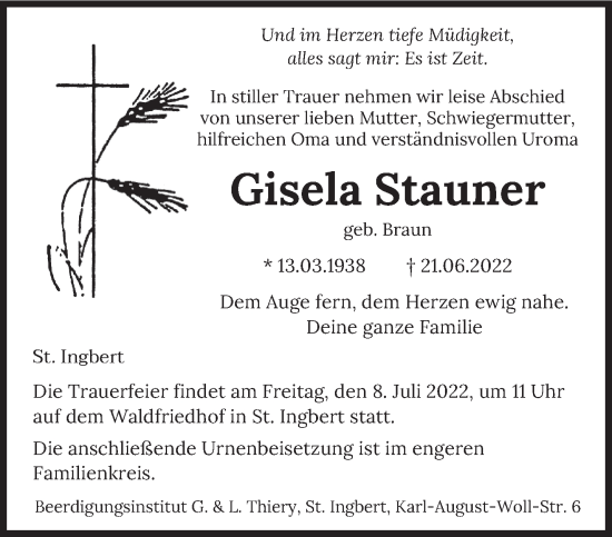 Traueranzeige von Gisela Stauner von saarbruecker_zeitung