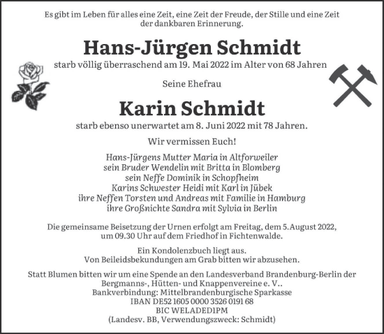Traueranzeige von Hans-Jürgen und Karin Schmidt von saarbruecker_zeitung