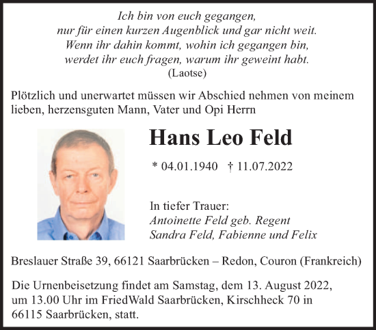 Traueranzeige von Hans Leo Feld von saarbruecker_zeitung