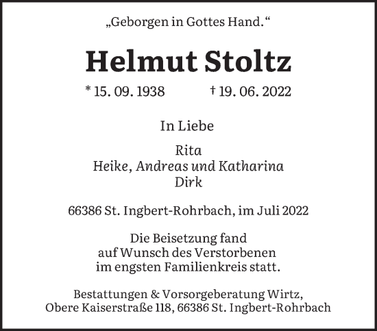 Traueranzeige von Helmut Stoltz von saarbruecker_zeitung