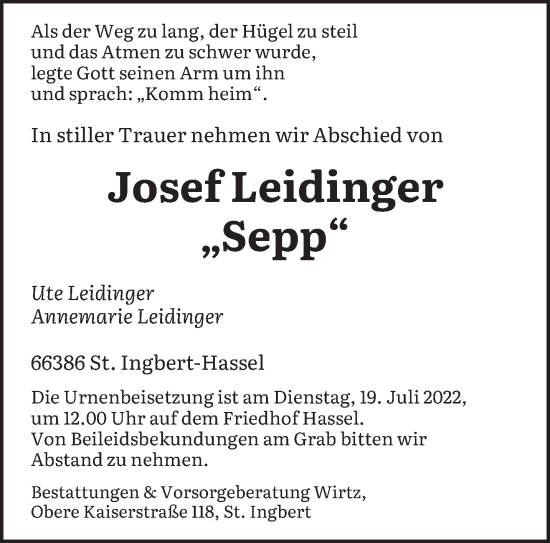 Traueranzeige von Josef Leidinger von saarbruecker_zeitung
