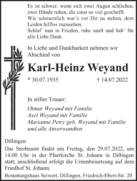 Traueranzeigen Von Karl Heinz Weyand Saarbruecker Zeitung Trauer De