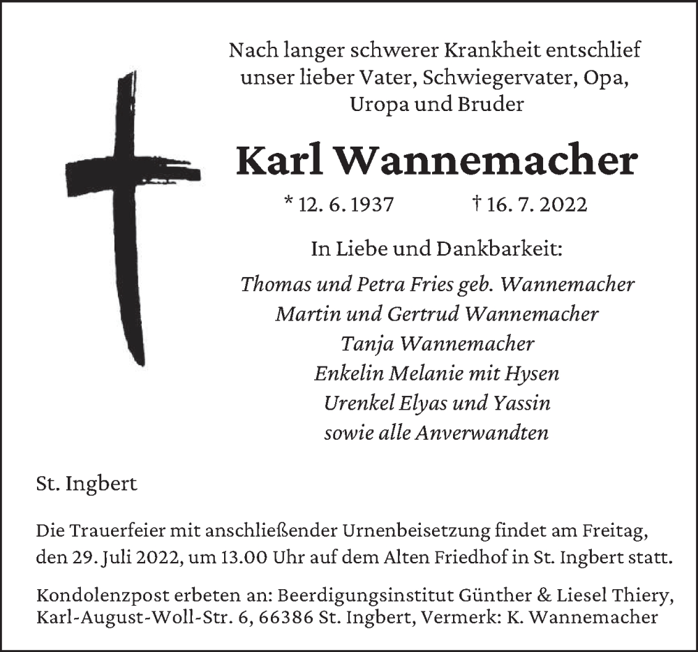  Traueranzeige für Karl Wannemacher vom 23.07.2022 aus saarbruecker_zeitung
