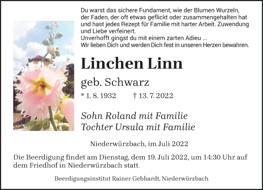  Traueranzeige für Linchen Linn vom 15.07.2022 aus saarbruecker_zeitung