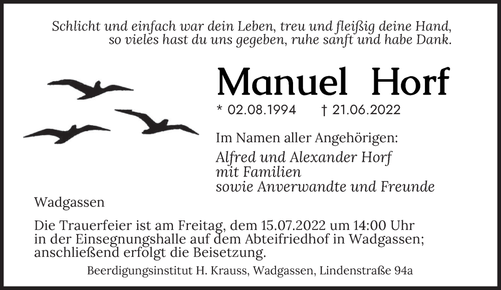  Traueranzeige für Manuel Horf vom 09.07.2022 aus saarbruecker_zeitung