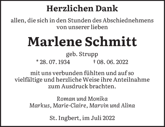 Traueranzeige von Marlene Schmitt von saarbruecker_zeitung