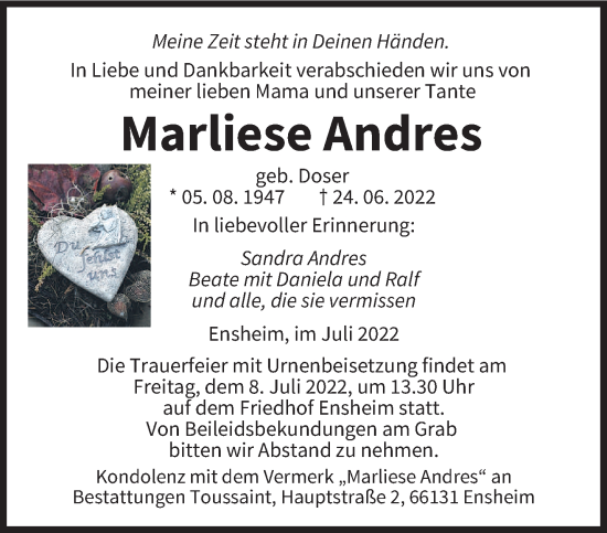 Traueranzeige von Marliese Andres von saarbruecker_zeitung