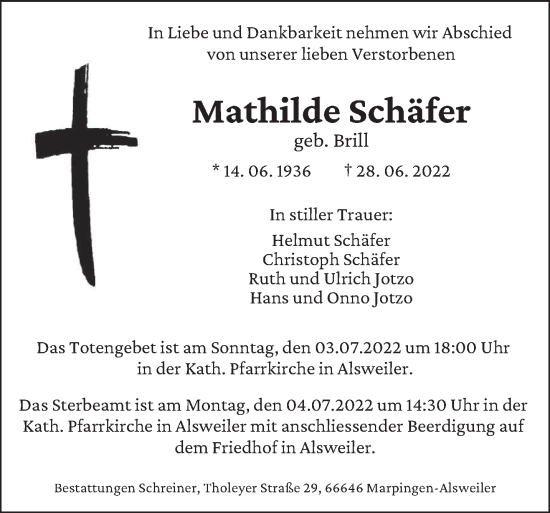 Traueranzeige von Mathilde Schäfer von saarbruecker_zeitung