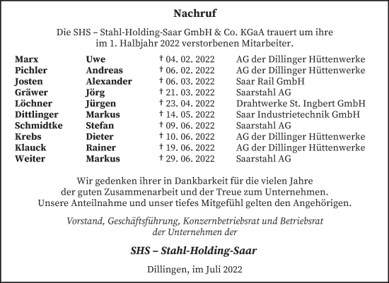 Traueranzeige von Nachruf Stahl-Holding-Saar GmbH  Co. KGaA von saarbruecker_zeitung