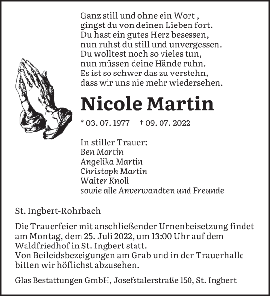 Traueranzeige von Nicole Martin von saarbruecker_zeitung