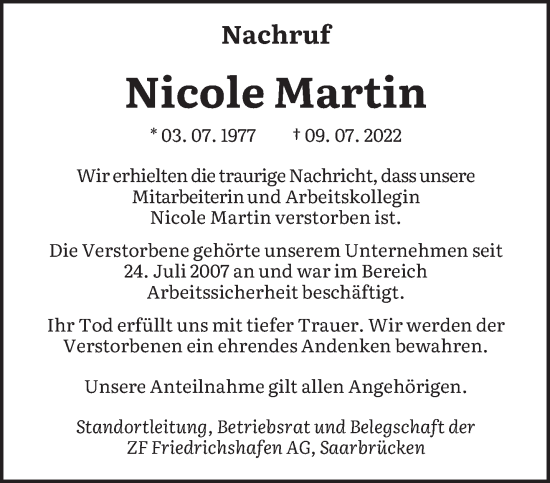 Traueranzeige von Nicole Martin von saarbruecker_zeitung