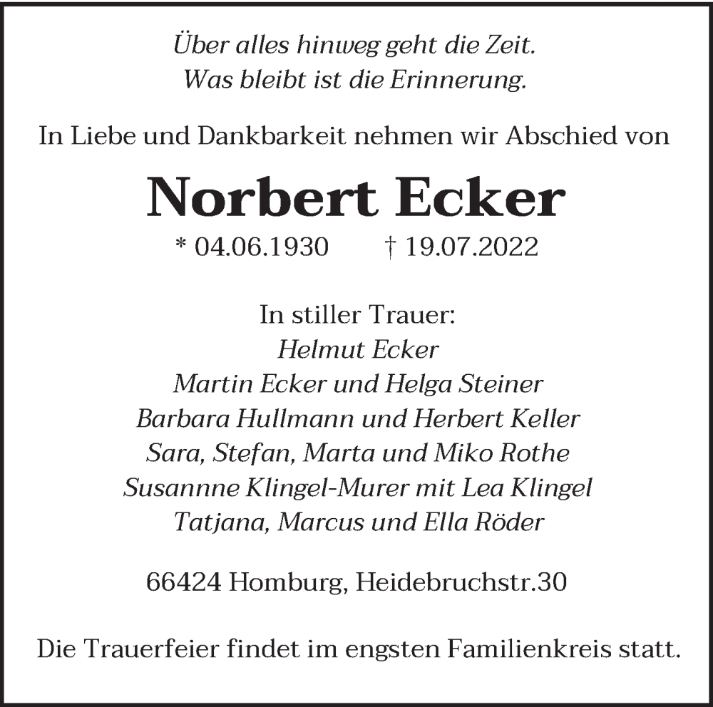 Traueranzeige für Norbert Ecker vom 23.07.2022 aus saarbruecker_zeitung