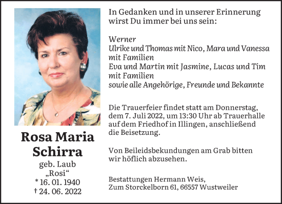 Traueranzeige von Rosa Maria Schirra von saarbruecker_zeitung