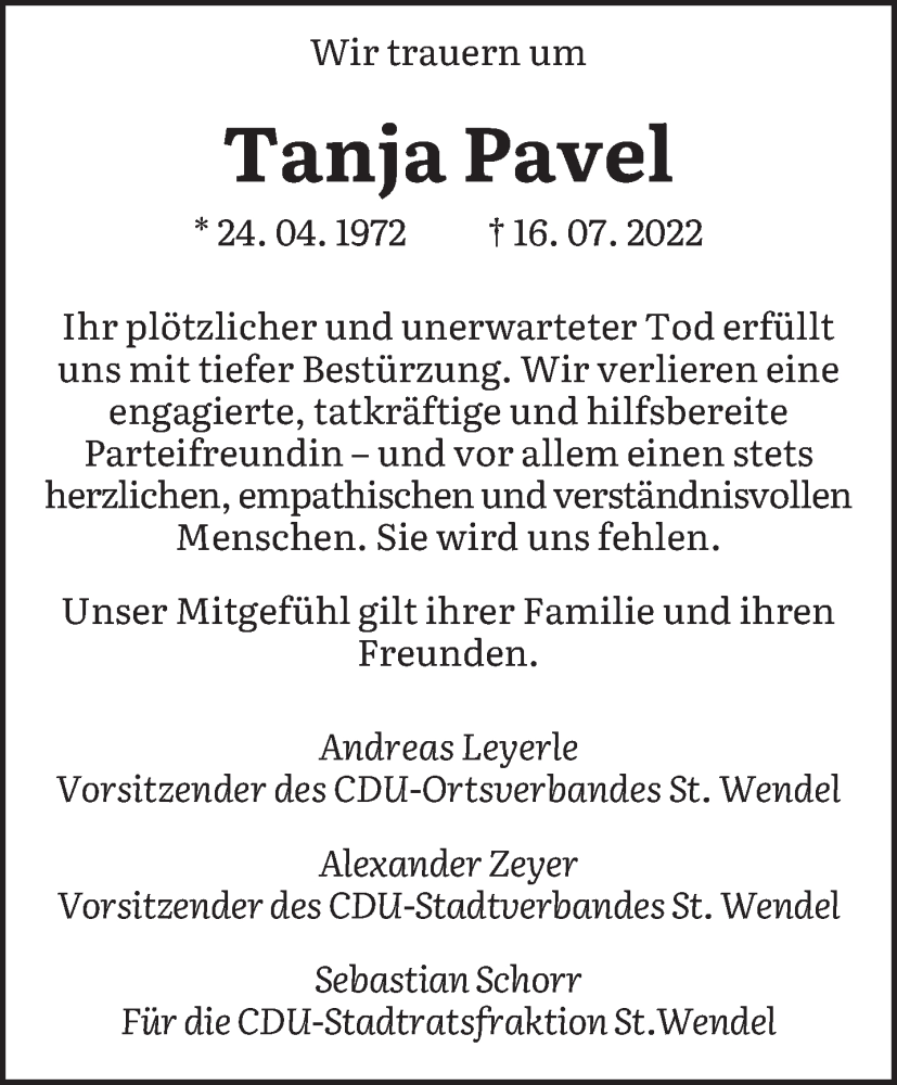  Traueranzeige für Tanja Pavel vom 23.07.2022 aus saarbruecker_zeitung