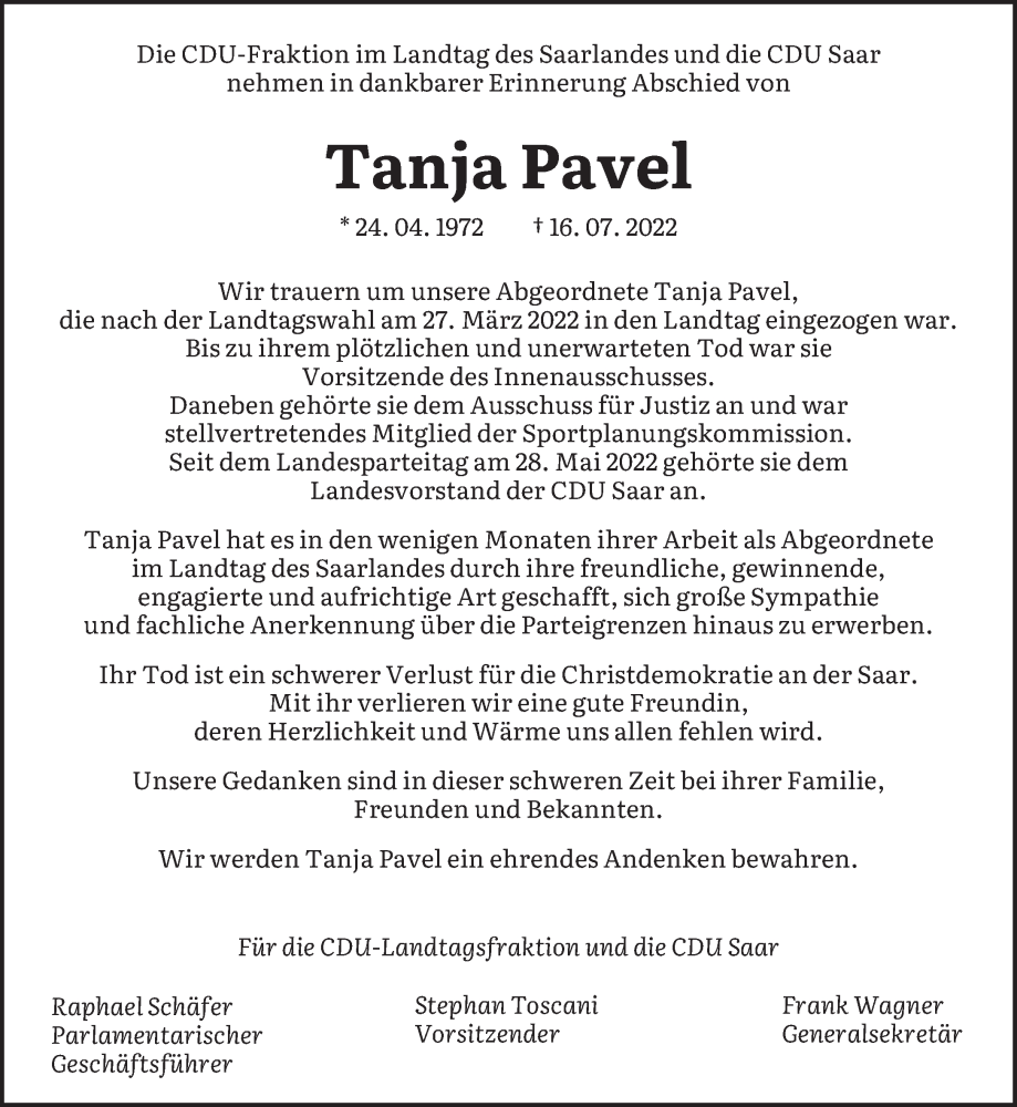  Traueranzeige für Tanja Pavel vom 23.07.2022 aus saarbruecker_zeitung