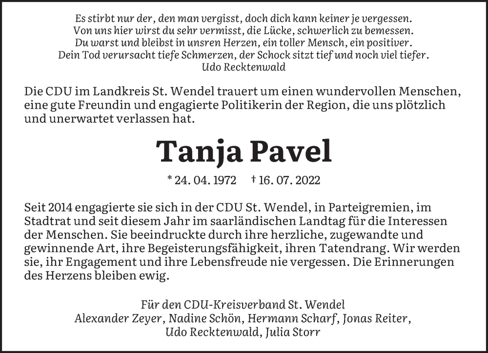  Traueranzeige für Tanja Pavel vom 23.07.2022 aus saarbruecker_zeitung