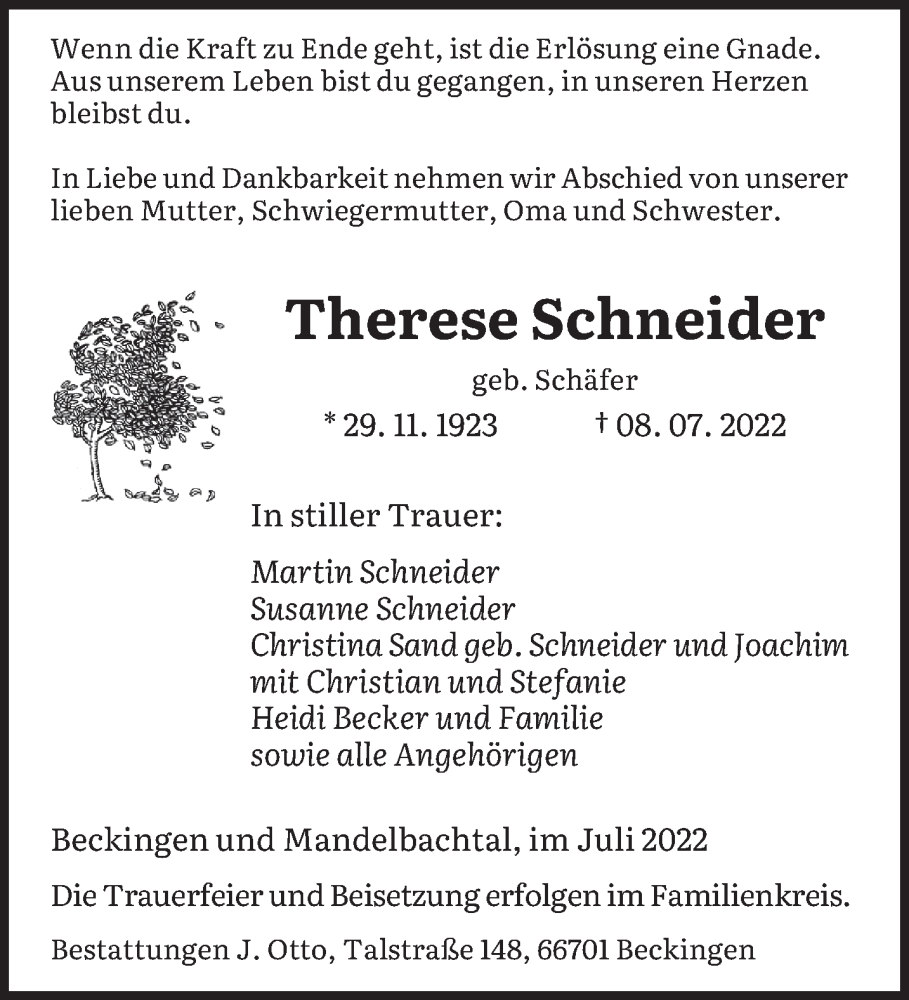  Traueranzeige für Therese Schneider vom 16.07.2022 aus saarbruecker_zeitung