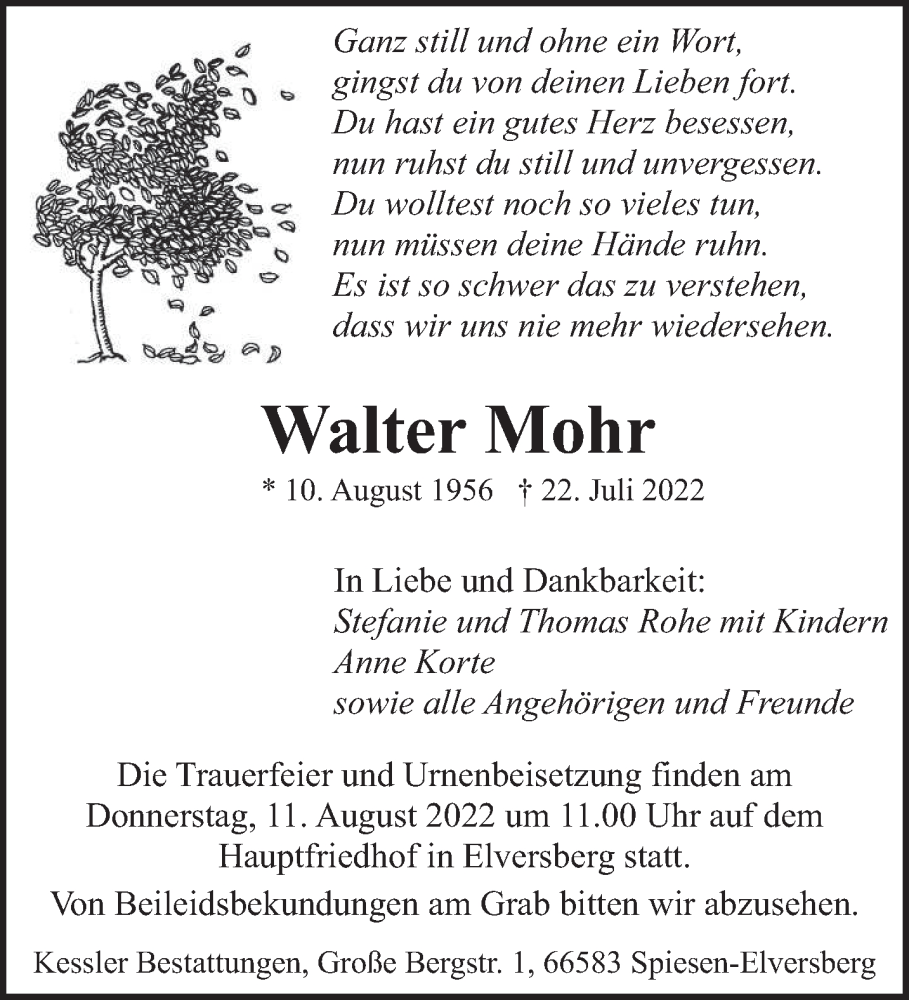  Traueranzeige für Walter Mohr vom 30.07.2022 aus saarbruecker_zeitung