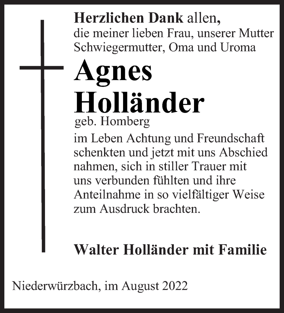  Traueranzeige für Agnes Holländer vom 06.08.2022 aus saarbruecker_zeitung