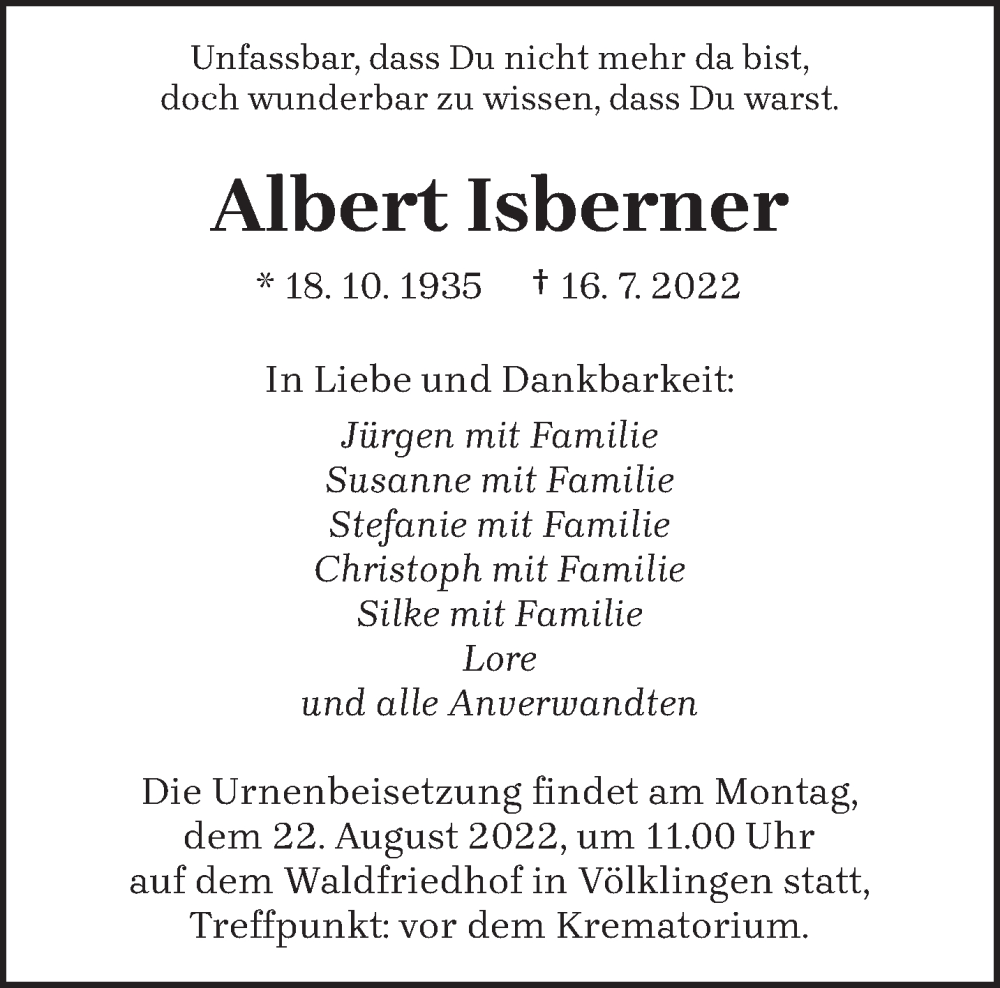  Traueranzeige für Albert Isberner vom 13.08.2022 aus saarbruecker_zeitung