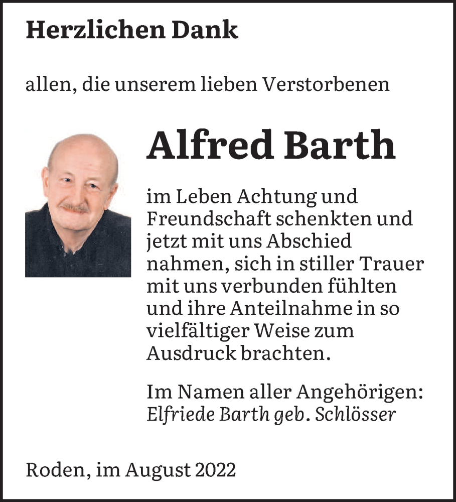  Traueranzeige für Alfred Barth vom 06.08.2022 aus saarbruecker_zeitung