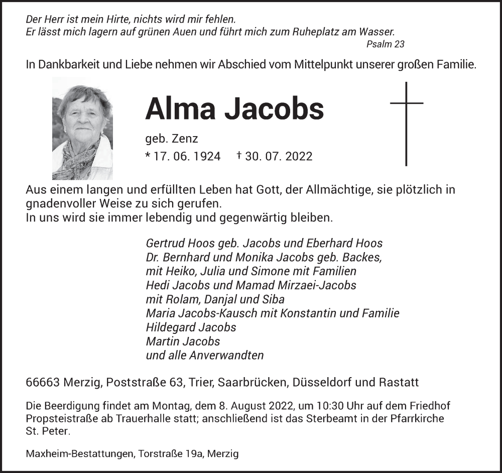  Traueranzeige für Alma Jacobs vom 03.08.2022 aus saarbruecker_zeitung