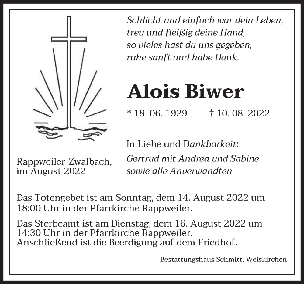  Traueranzeige für Alois Biwer vom 13.08.2022 aus saarbruecker_zeitung
