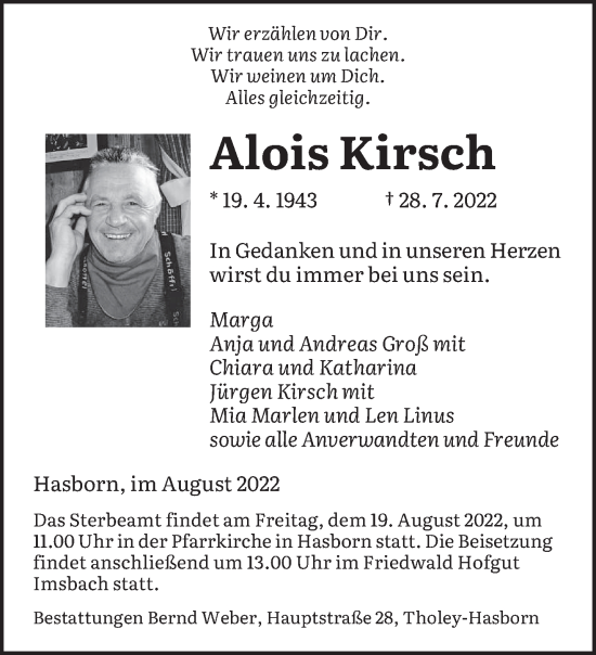 Traueranzeige von Alois Kirsch von saarbruecker_zeitung