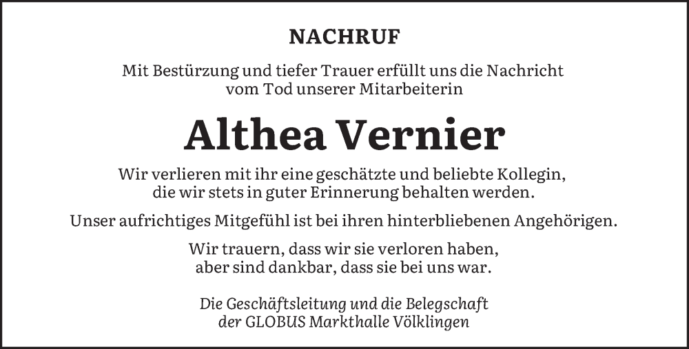  Traueranzeige für Althea Maria Vernier vom 13.08.2022 aus saarbruecker_zeitung