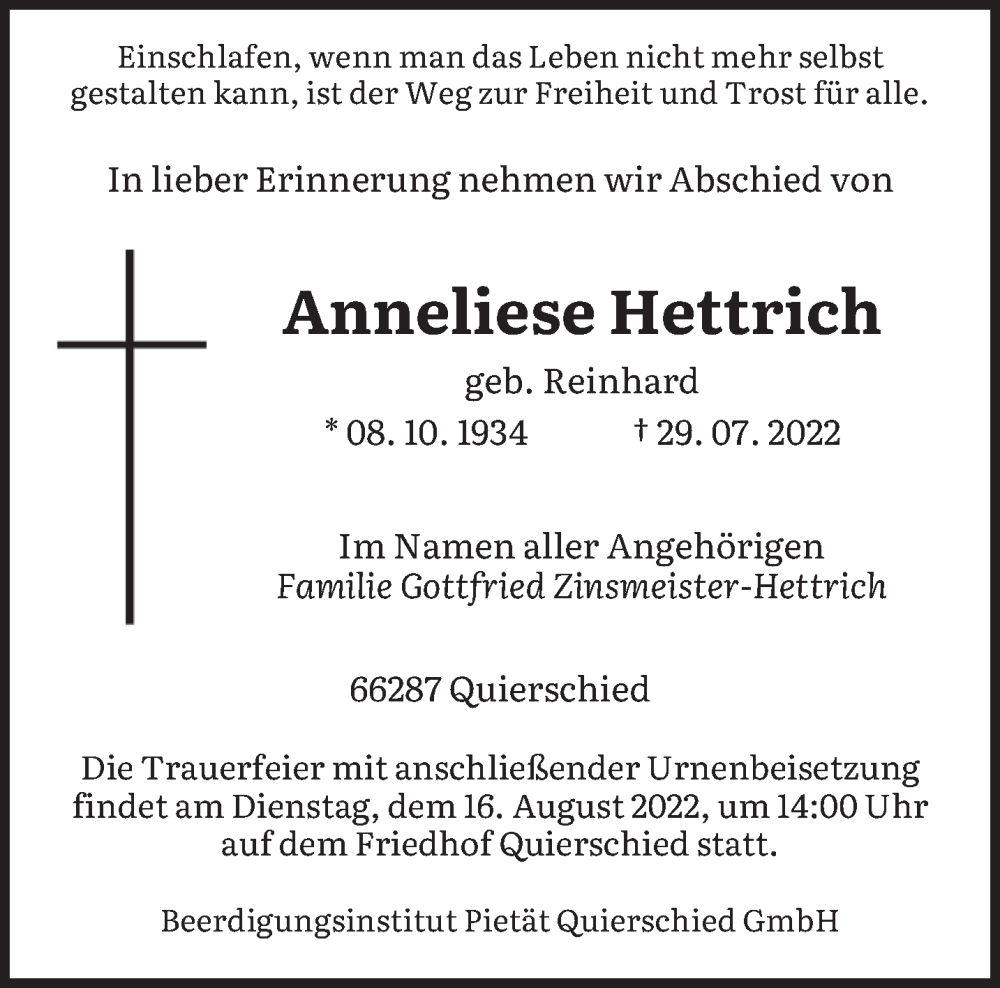  Traueranzeige für Anneliese Hettrich vom 13.08.2022 aus saarbruecker_zeitung