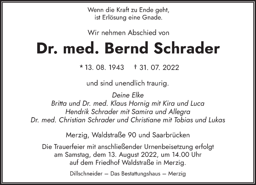 Traueranzeige für Bernd Schrader vom 09.08.2022 aus saarbruecker_zeitung