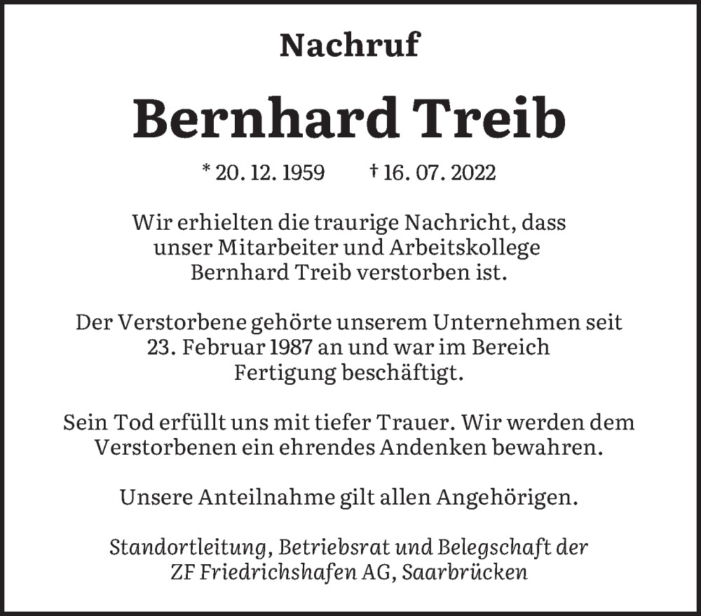  Traueranzeige für Bernhard Treib vom 10.08.2022 aus saarbruecker_zeitung