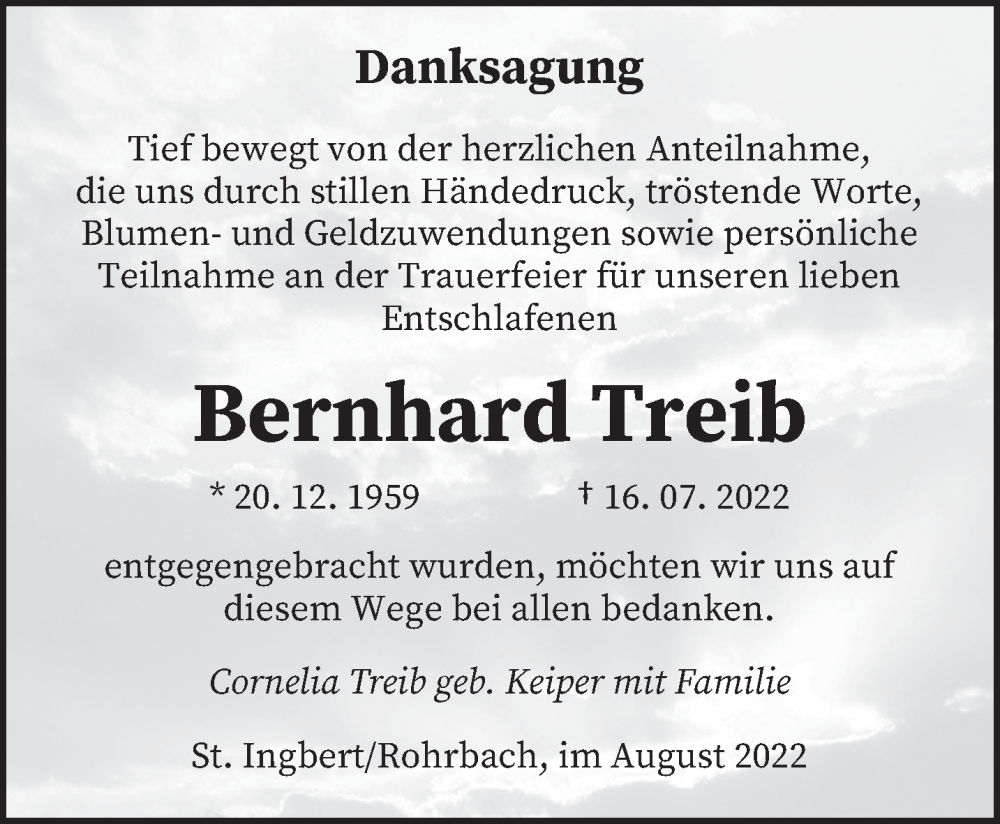 Traueranzeige für Bernhard Treib vom 13.08.2022 aus saarbruecker_zeitung