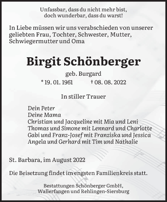 Traueranzeige von Birgit Schönberger von saarbruecker_zeitung